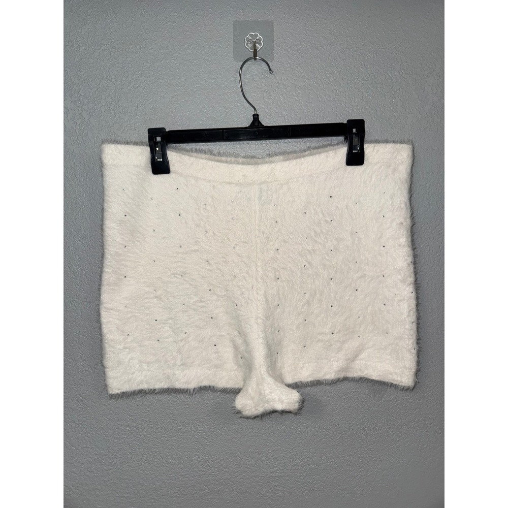 Victorias Secret Fuzzy Cozy Rhinestone Lounge Shorts Ivory White Eyelash Knit XL